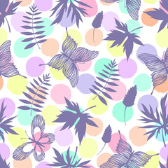 Seamless pattern with hand drawn butterflies and branches. 