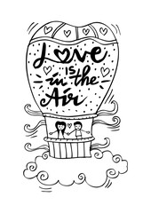 Love is in the air lettering  With  Couple In Hot Air Balloon.