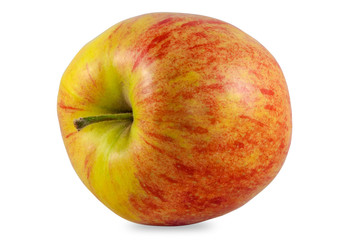 Juicy red and yellow apple closeup. On white background