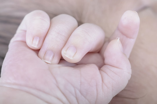 Hand of newborn. Hands of father and son united. Maternity and p