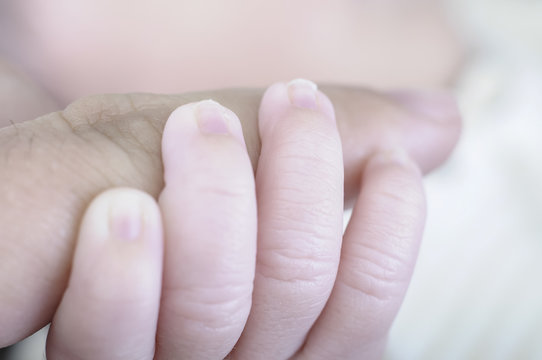 Hand of newborn. Hands of father and son united. Maternity and p