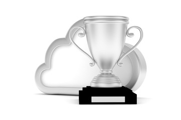 Isoalted silver cup with cloud on white background.  Concept of cloud storage competition. Leader cloud drive. Best storage contest. 3D rendering.
