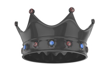 Black royal crown with blue and red gems on white. 3D rendering.