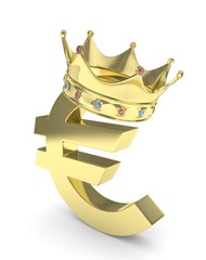 Isolated golden euro sign with crown on white background. European currency. Concept of investment, european market, savings. Power, luxury and wealth. Crown with gems. 3D rendering.