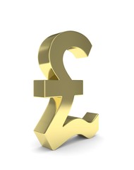 Isolated golden pound sign on white background. British currency. Concept of investment, european market, savings. Power, luxury and wealth. Great Britain, Nothern Ireland. 3D rendering.