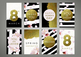 International Women's Day cards set. Shabby gold, black and white stripes, blossom plum and marble texture. The eighth of March decoration concept. - 136796898