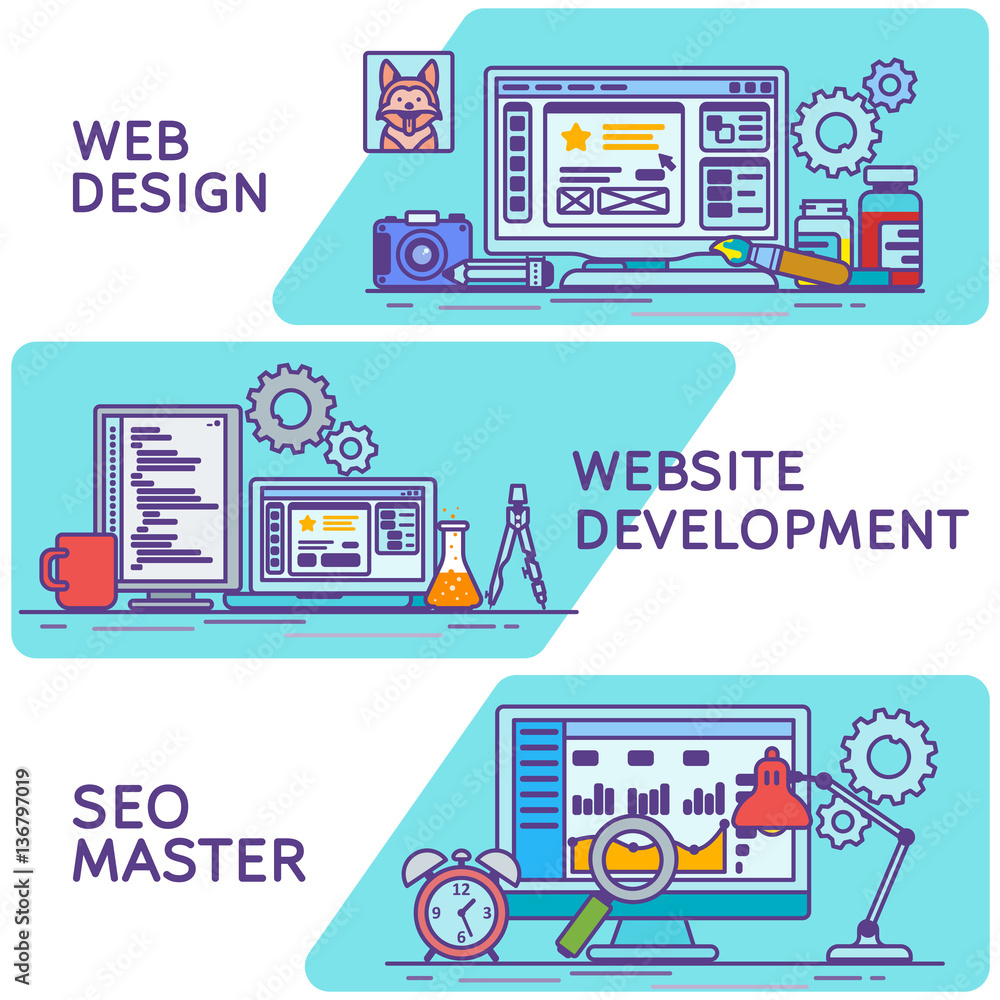 Poster horizontal colored line art banners for advertising in a flat style. set banners for web. website an