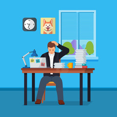Worker character doing hard work. Business situation. Hard Working man in office banner in flat style. People in action. The manager works in an office with a window. More paperwork illustration