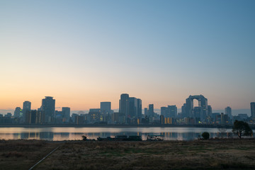 Yodo river and Umeda morning view,Osaka,Japan