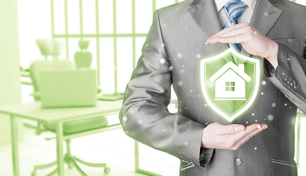 House protection and insurance. Home shield. Real estate safety. Office background.