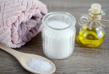 Fototapeta na wymiar Natural ingredients for homemade body salt scrub