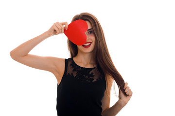 cheerful young woman with red lips celebrating valentines day with hearts isolated on white background