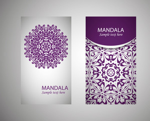 leaflet, flyer, cover, pattern, mandala. Oriental motif. Hand painted texture background. Wedding invitations, postcards and business cards templates. Decorative design card printing. Vector. EPS 10