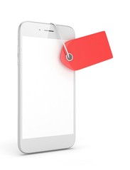 White smart phone with red price tag on white background. Identification, price, label. 3D rendering.