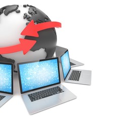 Laptop network around earth globe. 3d rendering.