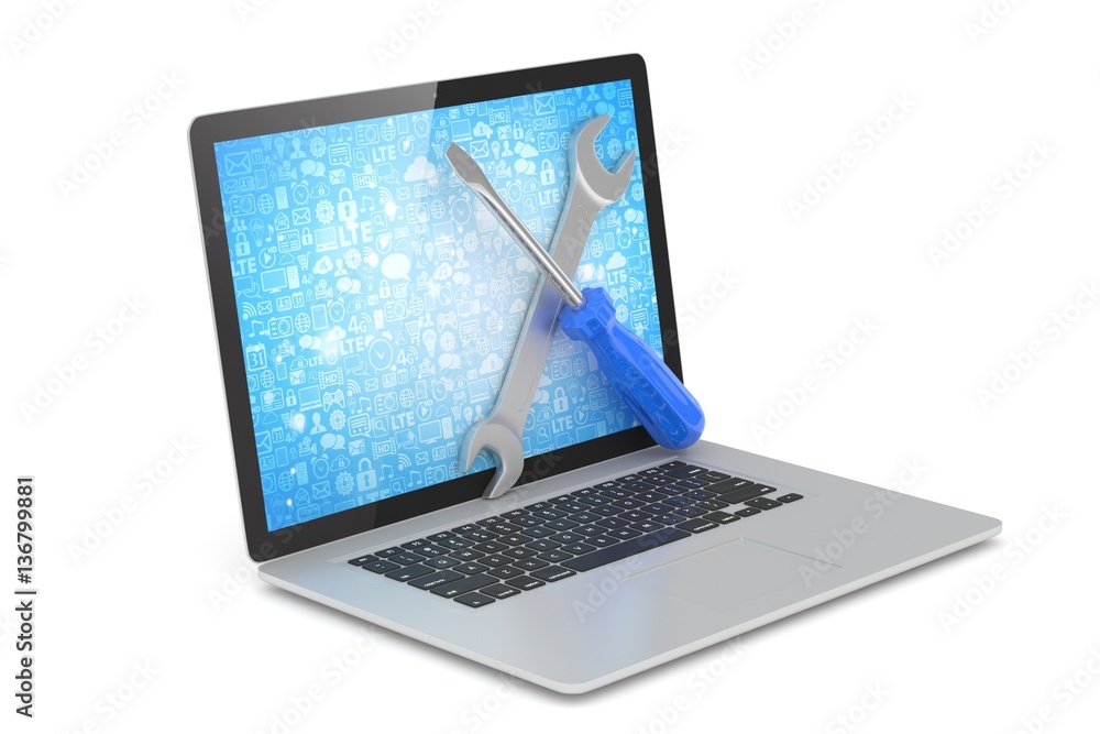 Wall mural 3d illustration wrench and screwdriver on laptop, service concept