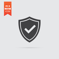 Shield with check mark icon in flat style isolated on grey backg