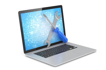 3D Illustration Wrench and screwdriver on laptop, service concept - 136799881