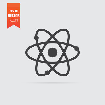 Atom icon in flat style isolated on grey background.