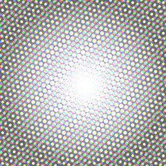 Halftone pattern background with radial effect, round spot shapes, vintage or retro graphic with place for your text. Halftone digital effect. Vector set of halftone dots with RGB color