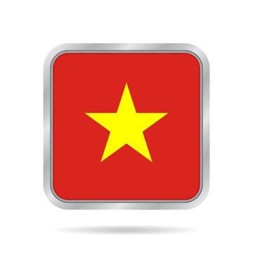 flag of Vietnam, shiny metallic gray square button