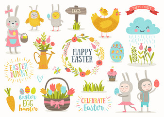 Set of cute Easter cartoon characters and design elements. Easter bunny, chickens, eggs and flowers. Vector illustration.