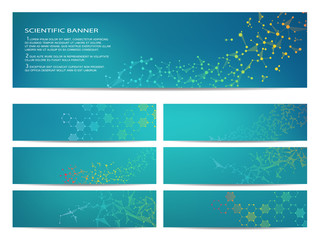 Set of modern scientific banners. Molecule structure DNA and neurons. Abstract background. Medicine, science, technology, business, website templates. Scalable vector graphics.