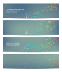 Set of modern scientific banners. Molecule structure DNA and neurons. Abstract background. Medicine, science, technology, business, website templates. Scalable vector graphics.
