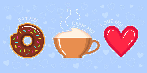 vector illustration of donut with pink glaze, cappuccino cup, red heart and text 