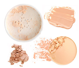 Face powder and brush over white background