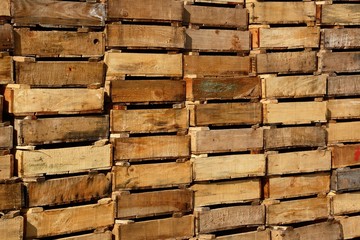 Wooden crates stacked in the harbour, Crete.