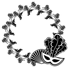 Round silhouette frame with carnival masks and abstract flowers. Vector clip art