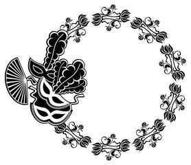 Round silhouette frame with carnival masks and abstract flowers. Vector clip art