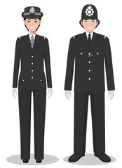 Couple of british policeman and policewoman in traditional uniforms standing together on white background in flat style. Police concept. Flat design people characters. Vector illustration.