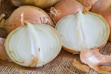 Oignons coupés en vrac sur toile de jute