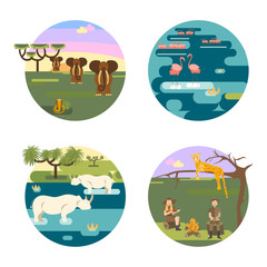 African safari concept set with people and animals. Backpackers in camp, sunset, photographer. Eco tourism travel. Flat isolated eps10 vector illustration