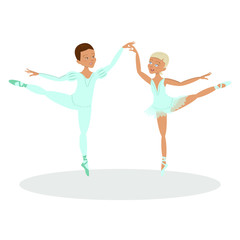 Cute little boy and girl ballet dancers set. Character of male and female dancing pair. Isolated Vector illustration eps 10