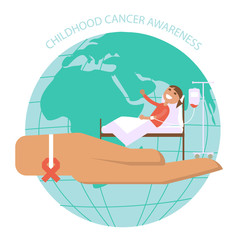 International Childhood cancer day banner. The hand symbolizes help and support to sick children. Child oncology disease concept in vector flat design