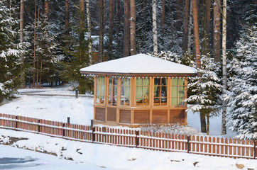 Gazebo in forest area.