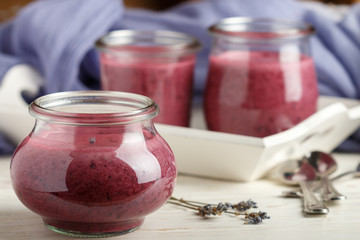 Fresh homemade smoothies with yogurt and blueberries. Healthy Breakfast. Selective focus
