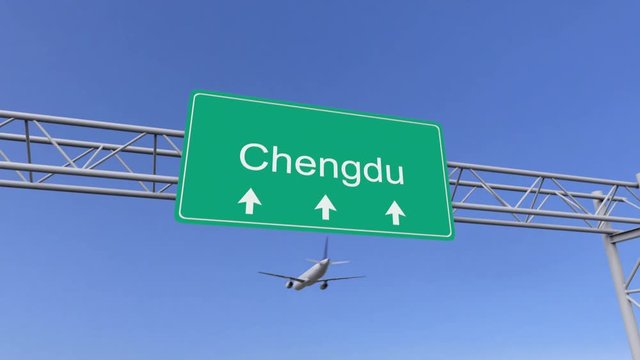 Twin engine commercial airplane arriving to Chengdu airport. Travelling to China conceptual 4K animation