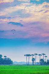 Fototapeta premium Paramotor flying on the sky and Sunrise in the countryside