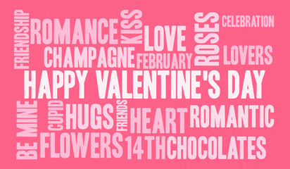 Happy Valentine's Day word cloud on a pink background. 