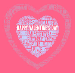 Happy Valentine's Day word cloud on a pink background. 