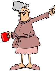 Illustration of an angry old lady holding a cup of coffee and flipping the bird.