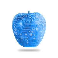 Blue apple with electronic circuit. Isolated on white.