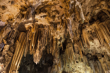 Nerja cave formations. Stalactites and stalagmites in the famous Nerja caves in Malaga, Andalusia, Spain.