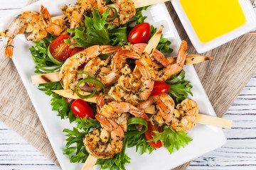 Grilled Shrimp Skewers Summer Healthy Salad. Selective focus.