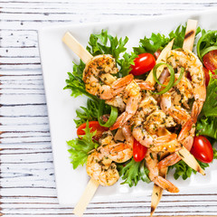 Grilled Shrimp Skewers Summer Healthy Salad. Selective focus.