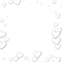 Cutout paper hearts. Chaotic border on white background. Vector illustration.
